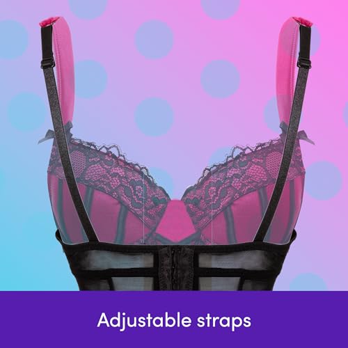 Lovehoney Boudoir Belle Cherry Satin Push Up Basque Styled Corset Lingerie For Women – Sexy Black Bustier Top with G String & Garter Straps - Small: 2-4