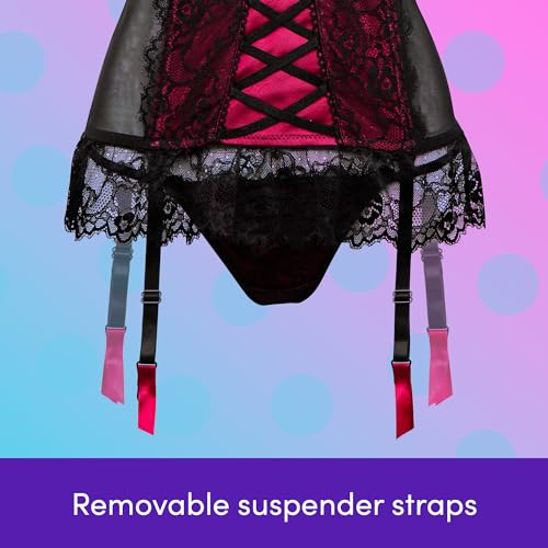 Lovehoney Boudoir Belle Cherry Satin Push Up Basque Styled Corset Lingerie For Women – Sexy Black Bustier Top with G String & Garter Straps - Small: 2-4