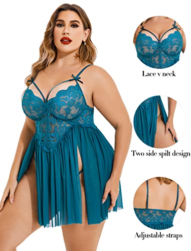 Avidlove Plus Size Lingerie for Women V Neck Babydoll Sexy Sheer Mesh Nightdress Strappy Exotic Sleepwear Side Slits Blue Green