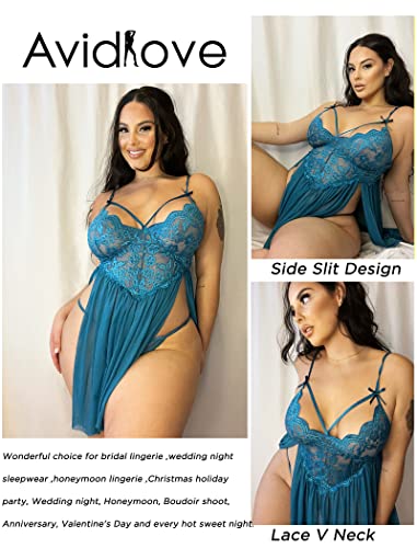 Avidlove Plus Size Lingerie for Women V Neck Babydoll Sexy Sheer Mesh Nightdress Strappy Exotic Sleepwear Side Slits Blue Green
