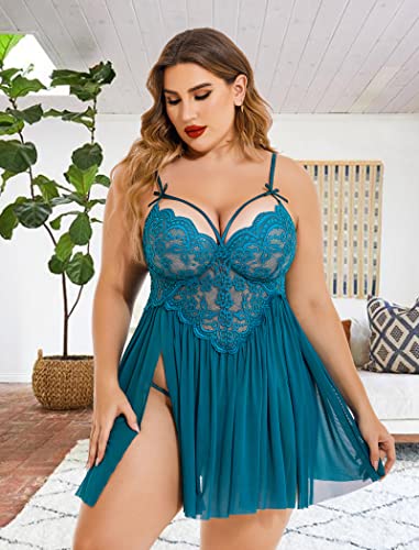 Avidlove Plus Size Lingerie for Women V Neck Babydoll Sexy Sheer Mesh Nightdress Strappy Exotic Sleepwear Side Slits Blue Green