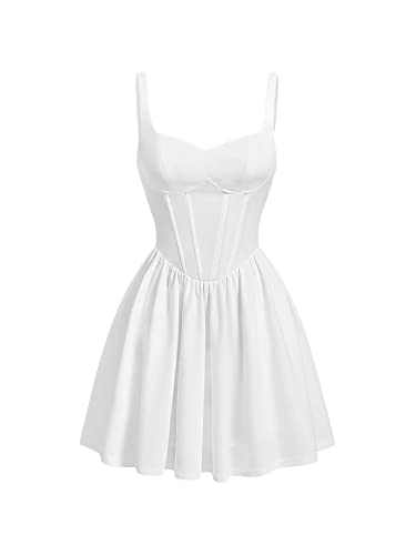 Verdusa Women's Backless Sweetheart Neck Sleeveless High Waist A Line Swing Flared Short Cami Dress White S