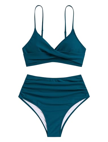 ZAFUL Women High Waisted Bikini Sets Two Piece Swimsuit 2024 Push Up Underwire Bathing Suit Tummy Control Vintage Modest Swim Suit Modlily Cheeky Cute Swimwear Teal L