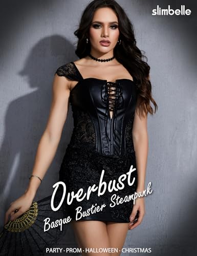 SLIMBELLE Women Leather Corset Punk Rock Waist Cincher Lace Boned Adjustable Shaper Overbust Bustier Basque Lingerie Top Black 2XL