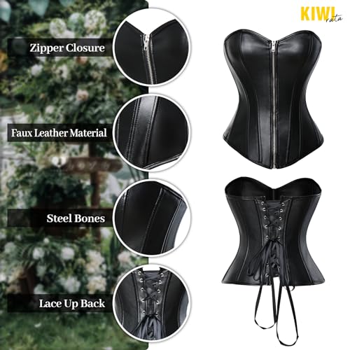 KIWI RATA Women's Punk Rock Faux Leather Buckle-up Corset Bustier Basque with G-String, Zipper Plain Black, XX-Large