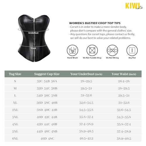 KIWI RATA Women's Punk Rock Faux Leather Buckle-up Corset Bustier Basque with G-String, Zipper Plain Black, XX-Large