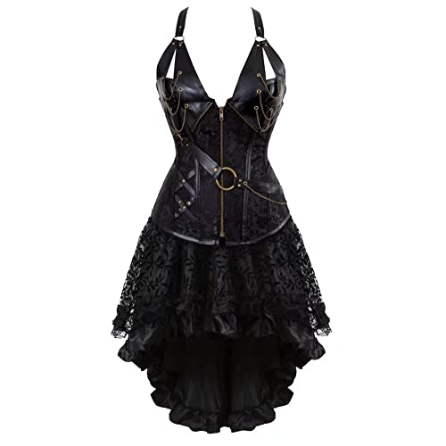 Jutrisujo steampunk corset dress and skirt bustier leather basques womens burlesque plus size pirate halloween costumes Black 5XL