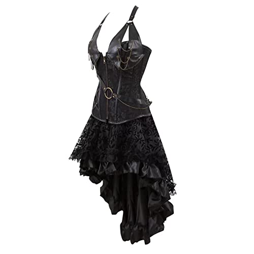 Jutrisujo steampunk corset dress and skirt bustier leather basques womens burlesque plus size pirate halloween costumes Black 5XL