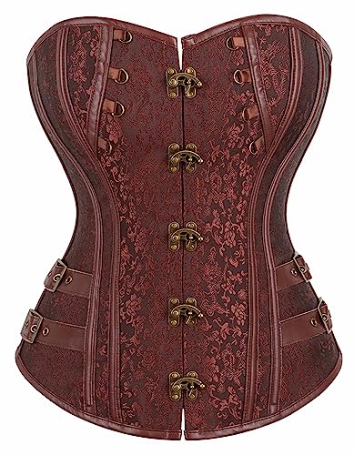 Moessa Women's Spiral Steel Boned Steampunk Gothic Bustier Corset with Chains Basque Top 916-Brown-2XL