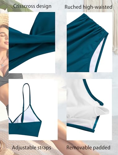 ZAFUL Women High Waisted Bikini Sets Two Piece Swimsuit 2024 Push Up Underwire Bathing Suit Tummy Control Vintage Modest Swim Suit Modlily Cheeky Cute Swimwear Teal L