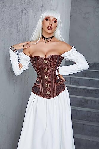 Moessa Women's Spiral Steel Boned Steampunk Gothic Bustier Corset with Chains Basque Top 916-Brown-2XL