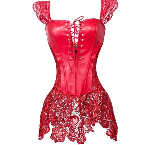 Jutrisujo Faux Leather Corset Dress Bustier Lace Zipper Basque Waist Cincher Lingerie Women's Punk Rock Red 5XL