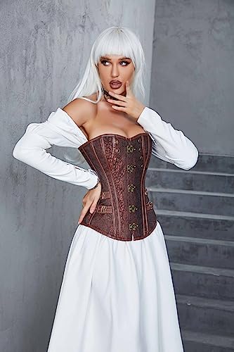 Moessa Women's Spiral Steel Boned Steampunk Gothic Bustier Corset with Chains Basque Top 916-Brown-2XL