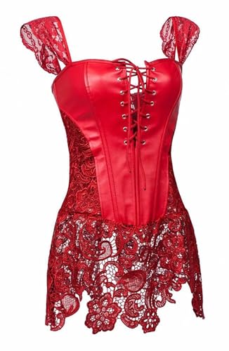 Jutrisujo Faux Leather Corset Dress Bustier Lace Zipper Basque Waist Cincher Lingerie Women's Punk Rock Red 5XL