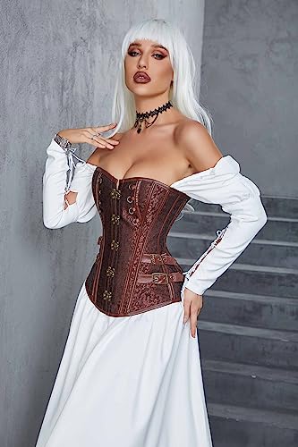 Moessa Women's Spiral Steel Boned Steampunk Gothic Bustier Corset with Chains Basque Top 916-Brown-2XL