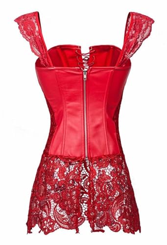 Jutrisujo Faux Leather Corset Dress Bustier Lace Zipper Basque Waist Cincher Lingerie Women's Punk Rock Red 5XL