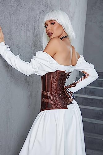 Moessa Women's Spiral Steel Boned Steampunk Gothic Bustier Corset with Chains Basque Top 916-Brown-2XL