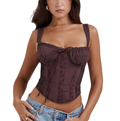 YADMISU Women's Lace Up Cami Corset Tops Cold Shoulder Zip Side Ties Back Sexy Going Out Bodyshaper Bustier Top,Brown,S