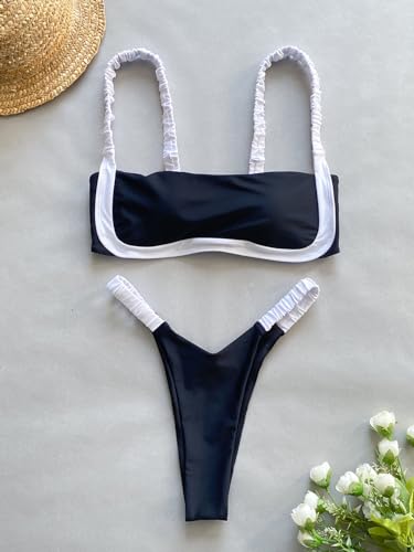 HYTENSUN Women's Bandeau Cheeky Bikini Colorblock Square Neck High Cut Swimsuits Two Pieces Bathing Suits