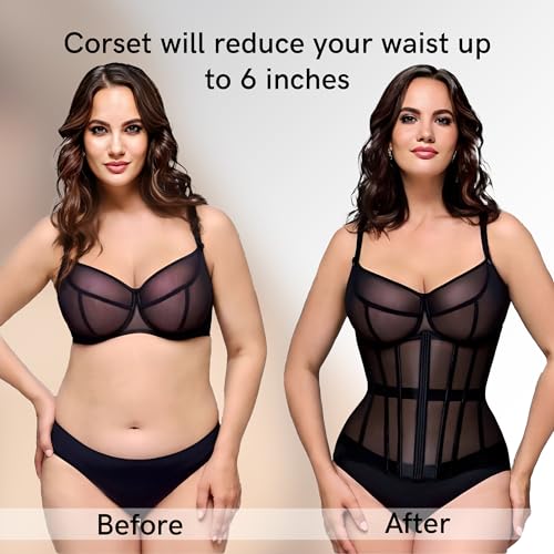 Mesh Corset Waist Trainer for Women - Underbust Corset Lace Up - Waist Cincher Shapewear - Body Shaper (Black, L)