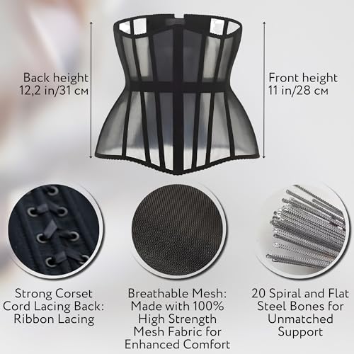 Mesh Corset Waist Trainer for Women - Underbust Corset Lace Up - Waist Cincher Shapewear - Body Shaper (Black, L)