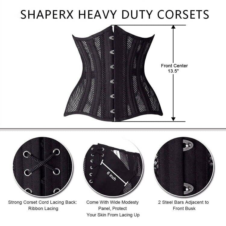 SHAPERX Longline Heavy Duty Steel Boned Corset Underbust Body Shaper Black/L