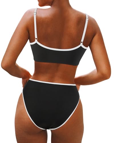 SUUKSESS Women High Waisted Two Piece Bikini Sets Cheeky High Cut Bandeau Swimsuits Push Up Bathing Suit(Black and White,M)