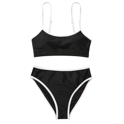 SUUKSESS Women High Waisted Two Piece Bikini Sets Cheeky High Cut Bandeau Swimsuits Push Up Bathing Suit(Black and White,M)