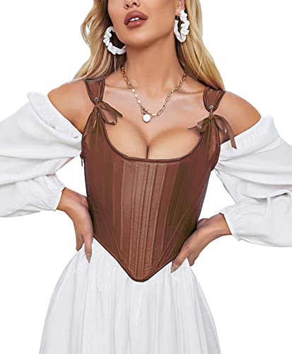 Dreay Womens Vintage Asymmetrical Hem Overbust Corset Tie Front Lace-up Back Bustier Top 956-Coffee-M