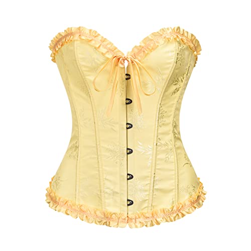 Vrapo Yellow Corset Top for Women | Overbust Lace Up Waist Cincher Shapewear Lingerie -Plum Blossom Bamboo Pattern - Size S