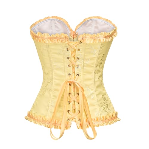 Vrapo Yellow Corset Top for Women | Overbust Lace Up Waist Cincher Shapewear Lingerie -Plum Blossom Bamboo Pattern - Size S