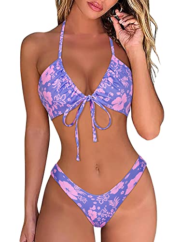 OMKAGI Sexy Thong Bikini Set for Women Swimsuit Push Up String Brazilian Bathing Suits(M,12-Purple Floral)