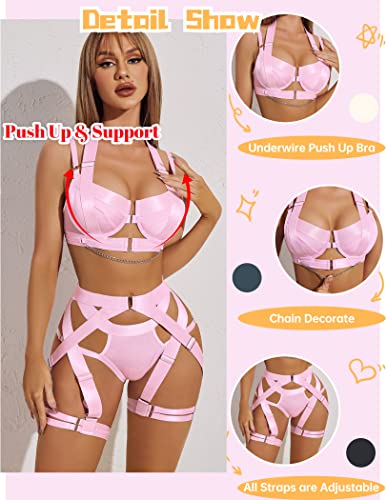 Avidlove Sexy Lingerie Set for Women Underwire Push Up Bra Lingerie Strappy Corset Lingerie with Garter and Chain(Pink,M)