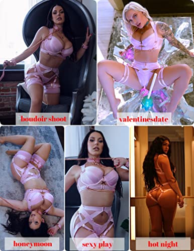 Avidlove Sexy Lingerie Set for Women Underwire Push Up Bra Lingerie Strappy Corset Lingerie with Garter and Chain(Pink,M)