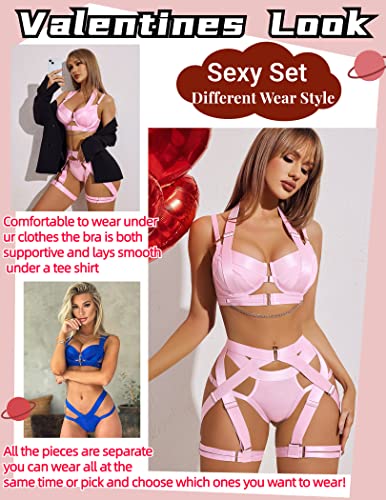 Avidlove Sexy Lingerie Set for Women Underwire Push Up Bra Lingerie Strappy Corset Lingerie with Garter and Chain(Pink,M)