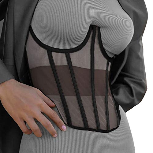 TOPMELON Lace Corset Belt Waist Corset Top Women Mesh Open Cup Lace Up Boned Under Bustier Corset Waist Cincher Black M