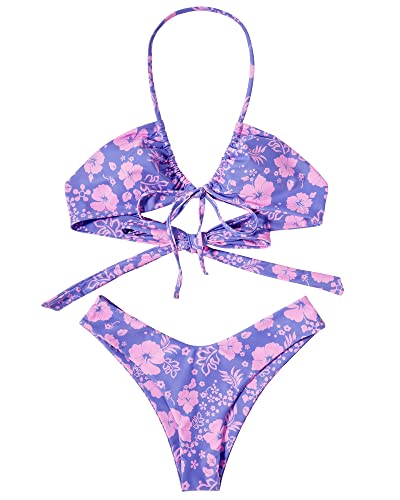OMKAGI Sexy Thong Bikini Set for Women Swimsuit Push Up String Brazilian Bathing Suits(M,12-Purple Floral)