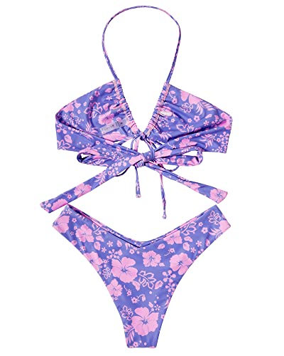 OMKAGI Sexy Thong Bikini Set for Women Swimsuit Push Up String Brazilian Bathing Suits(M,12-Purple Floral)