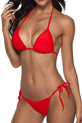 Women Two Piece Swimsuit Sexy Swimwear Halter String Triangle Bikini Sets Red M