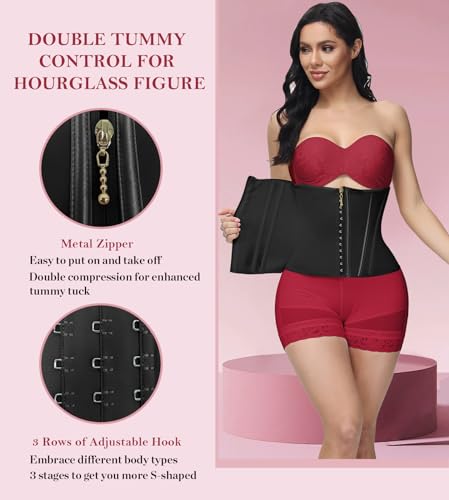 SHAPSHE Waist Trainer for Women Workout Waist Cincher Zipper Tummy Control Corset Shapewear Body Shaper Black
