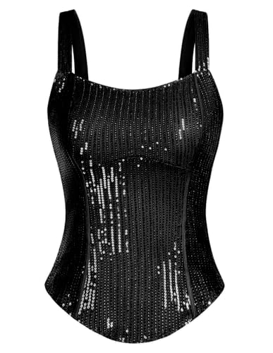GRACE KARIN Women Bustier Corset Top Sexy Slim Tank Top Black Sequin Summer Sleeveless Party M