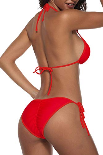 Women Two Piece Swimsuit Sexy Swimwear Halter String Triangle Bikini Sets Red M
