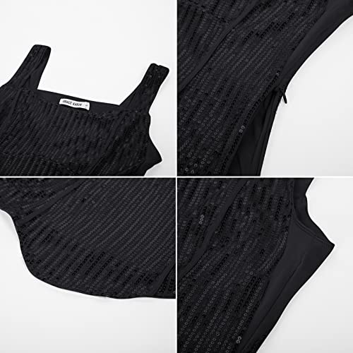 GRACE KARIN Women Bustier Corset Top Sexy Slim Tank Top Black Sequin Summer Sleeveless Party M