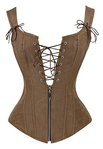 Charmian Women's Renaissance Lace Up Vintage Boned Bustier Corset with Garters Brown Medium