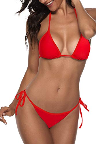 Women Two Piece Swimsuit Sexy Swimwear Halter String Triangle Bikini Sets Red M