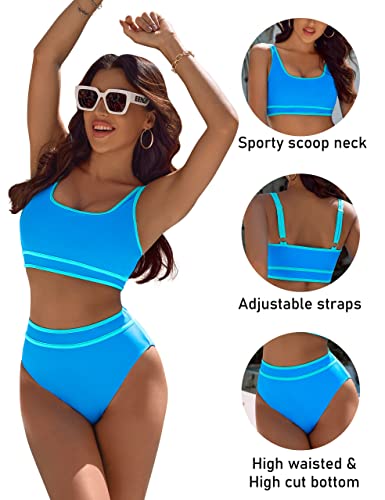 BMJL Women's High Waisted Bikini Sets Sporty Two Piece Swimsuits Color Block Cheeky High Cut Bathing Suits(L,Blue)