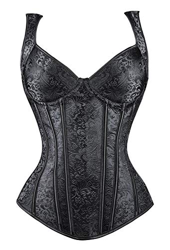 Kimring Women's Gothic Retro Jacquard Peasant Shoulder Straps Boby Shaper Tank Bustiers Overbust Corset with Lightly Cup Black Medium