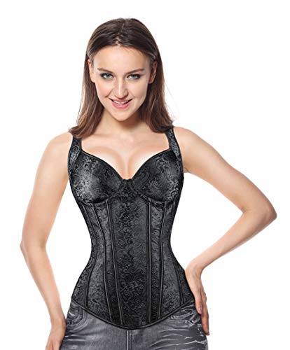 Kimring Women's Gothic Retro Jacquard Peasant Shoulder Straps Boby Shaper Tank Bustiers Overbust Corset with Lightly Cup Black Medium