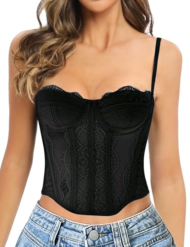 GainKee Lace Corset Tops for Women Lace Bustier Corset Top with Straps Women Corset Going Out Party Crop Top(Small,Black