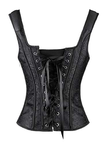 Kimring Women's Gothic Retro Jacquard Peasant Shoulder Straps Boby Shaper Tank Bustiers Overbust Corset with Lightly Cup Black Medium